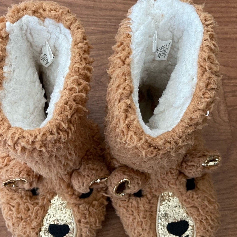 Cozy Kids Bear Slippers with Gold Accents- 12
